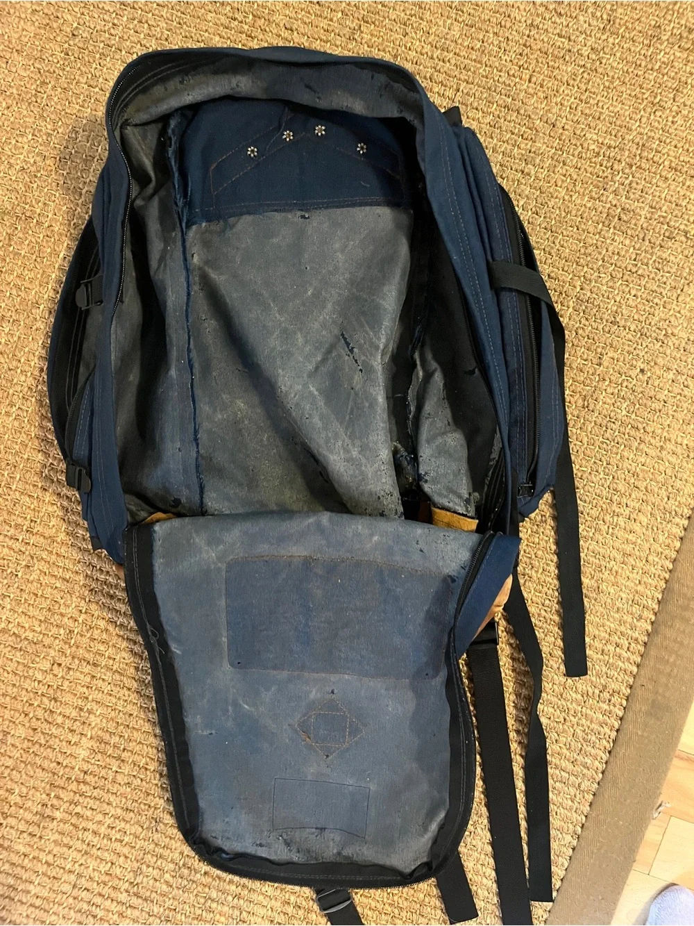 Vintage JanSport Leather Bottom Backpack Blue Made in USA Daypack Hiking Canvas